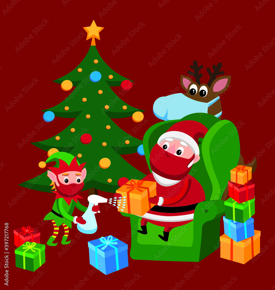 santa claus, elf and reindeer wearing face masks santa claus, elf and reindeer wearing face masks