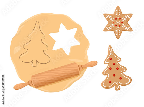 Making Christmas gingerbread cookies. Dough, rolling pin, Christmas fir cookies and snowflake isolated on white. Vector festive illustration in cartoon flat style.