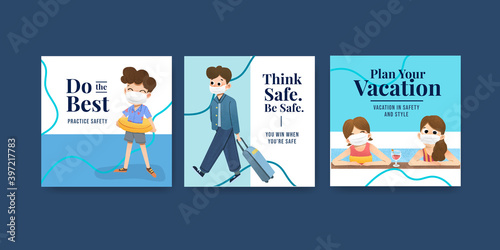Advertise template with COVID-19 prevention concept design for new normal lifestyle watercolor vector illustration.