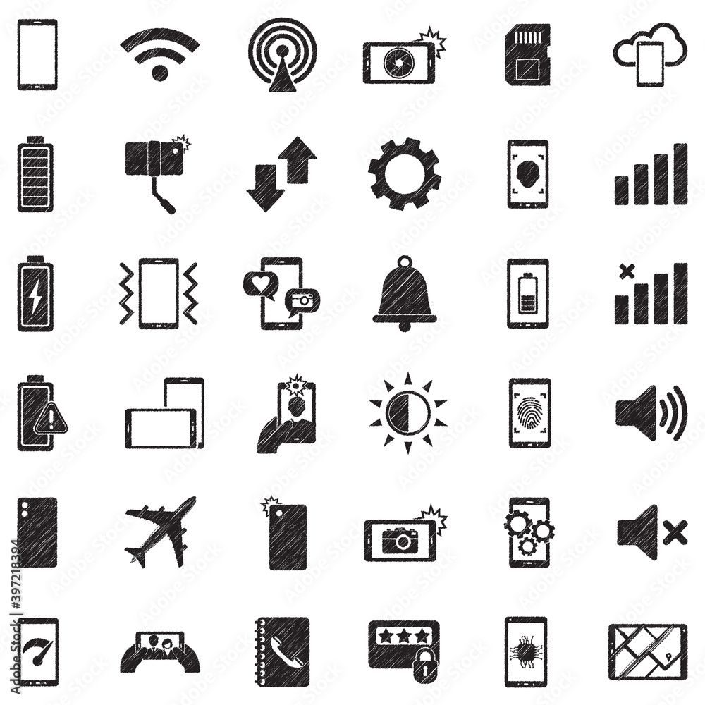 Mobile Phone Icons. Black Scribble Design. Vector Illustration.