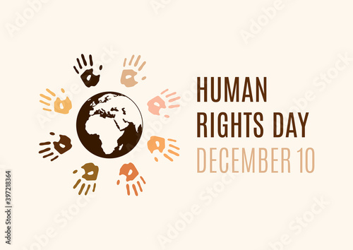 Human Rights Day Poster with human hands with different skin colors silhouette vector. Colorful handprints around the planet earth vector. Different colored handprints vector. Important day