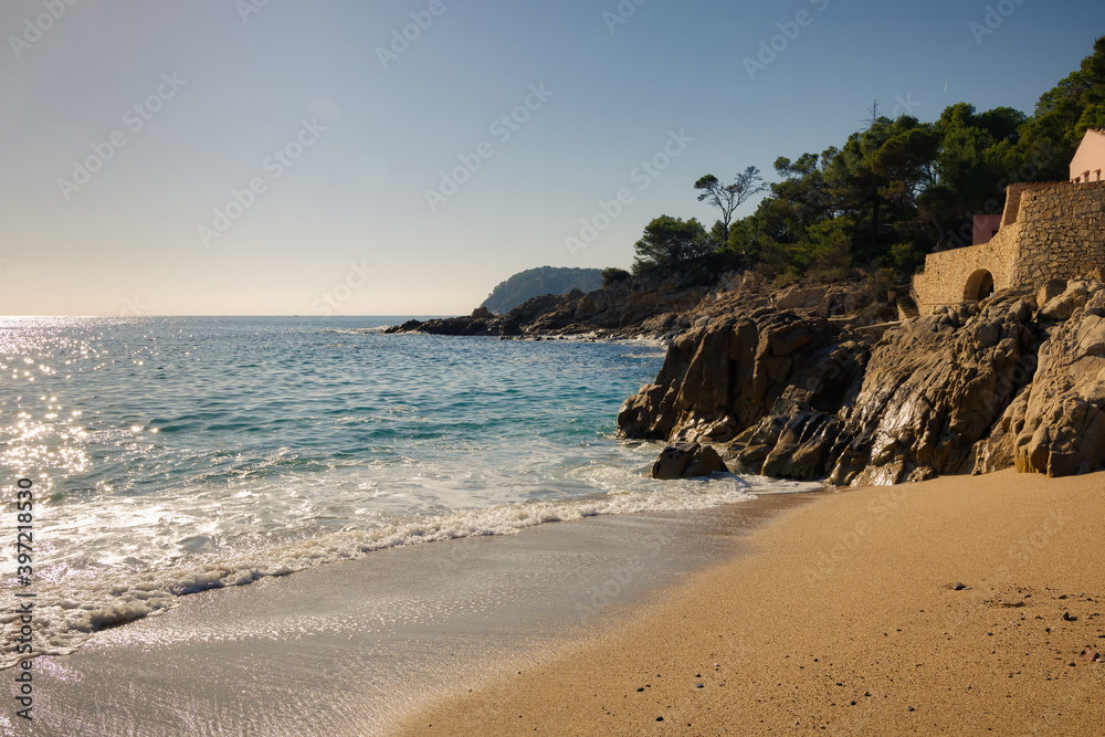 View of the south coast from Castell de Palamos beach, Costa Brava, Catalonia, Spain