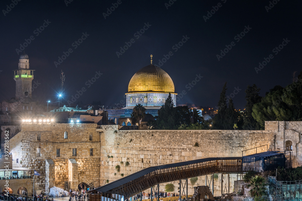 Night view of Golden Dome of the Rock ,western wall on Temple Mount of Old City of Jerusalem,  Israel. One of the oldest extant works of Islamic architecture