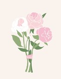 Bouquet of decorative peonies in the style of cut-out shapes isolated on pink. Postcard, poster with three flowers, a bud and stems tied with a ribbon. Floral composition. Modern vector illustration.