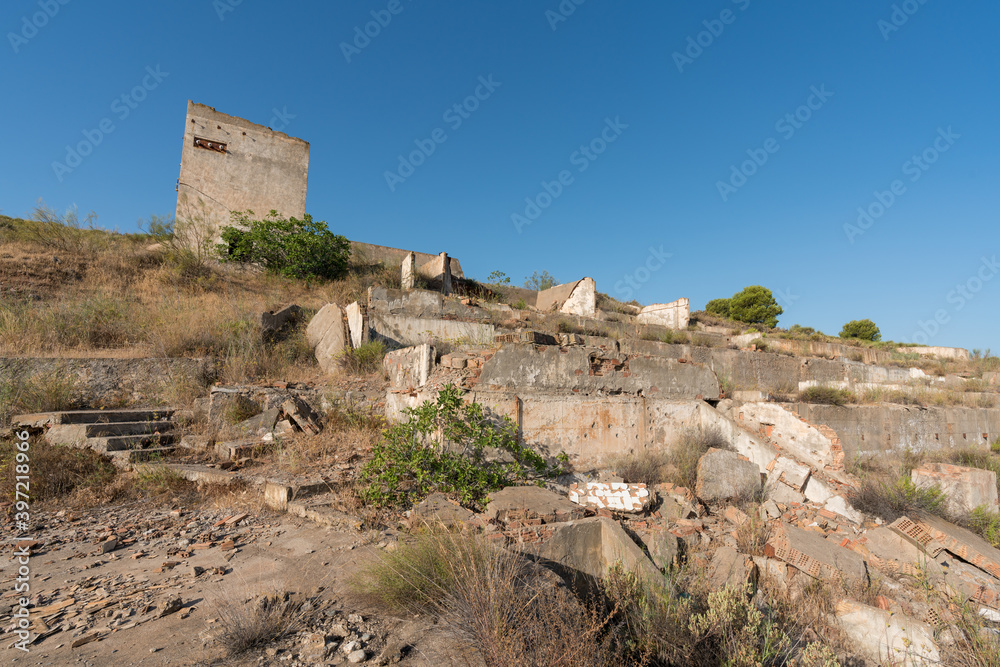 Ruined buildings in an abandoned mining complex