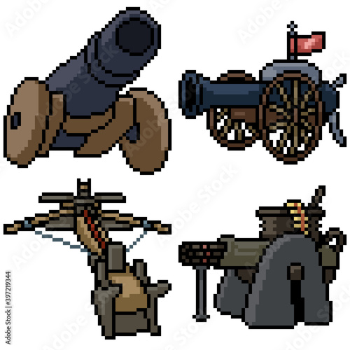 pixel art set isolated cannon turret