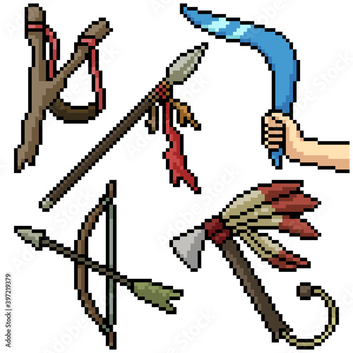 pixel art set isolated ancient weapon