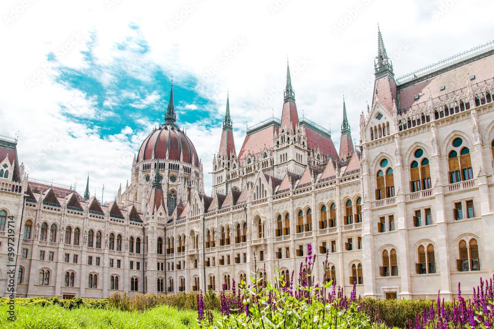 The Hungarian Parliament building on the Danube River, summer in Budapest, Hungary