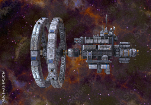 Fototapeta Naklejka Na Ścianę i Meble -  Future space station in deep space 3d illustration