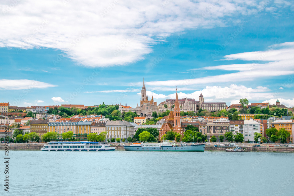 Europe Hungary Budapest. Cityscape photo. Buda castle and Danube river. Colorful classical hungarian buildings and houses