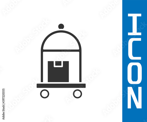 Grey Hotel luggage cart with suitcase icon isolated on white background. Traveling baggage sign. Travel luggage icon. Vector.