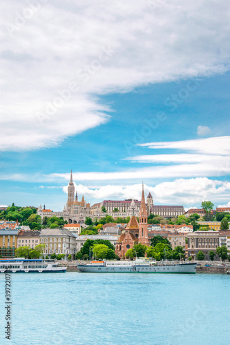 Europe Hungary Budapest. Cityscape photo. Buda castle and Danube river. Colorful classical hungarian buildings and houses