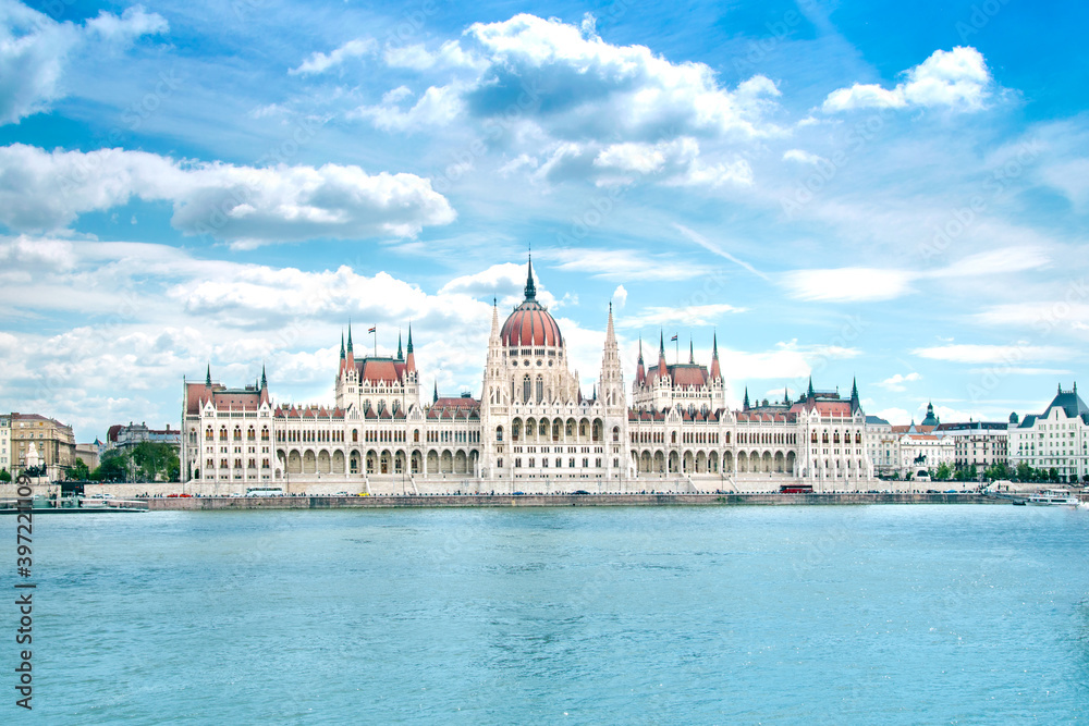 The Hungarian Parliament building on the Danube River, summer in Budapest, Hungary