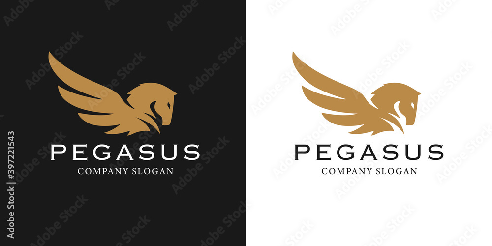 Pegasus corporate company concept logo design. Greek mythology horse with wings icon. Royal