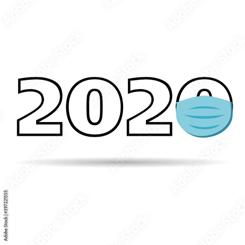 2020 lettering with blue facemask isolated in white background