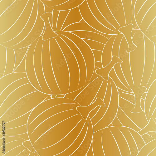 Vector Vegetables Squash Pumpkins in Yellow Outlines Scattered on Orange Yellow Ombre Background Seamless Repeat Pattern. Background for textiles, cards, manufacturing, wallpapers, print, gift wrap