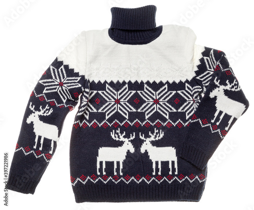 Kids knitted Christmas turtleneck sweater isolated on white