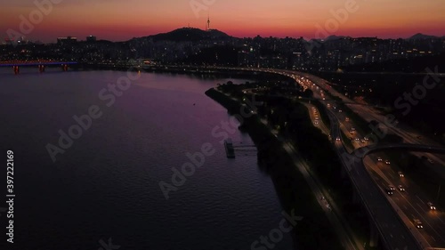 Twilight of seoul at han river in south korea.Aerial view photo