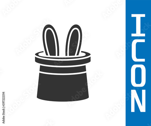 Grey Magician hat and rabbit ears icon isolated on white background. Magic trick. Mystery entertainment concept. Vector.