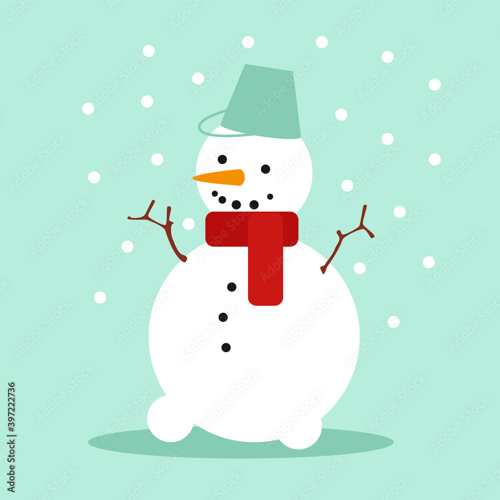Cute christmas snowman. Funny snow man wearing scarf and pail on a blue background. Vector icon.
