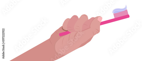 Hand holding a toothbrush with toothpaste isolated on white background. Vector illustration in a flat style. Brush your teeth. Oral hygiene © Marina