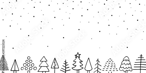 Vector cozy Christmas doodle banner. Outline cute Scandinavian Christmas fir tree, falling snow on white background. Fabulous winter holiday night. New Year festive mood vector copy space illustration