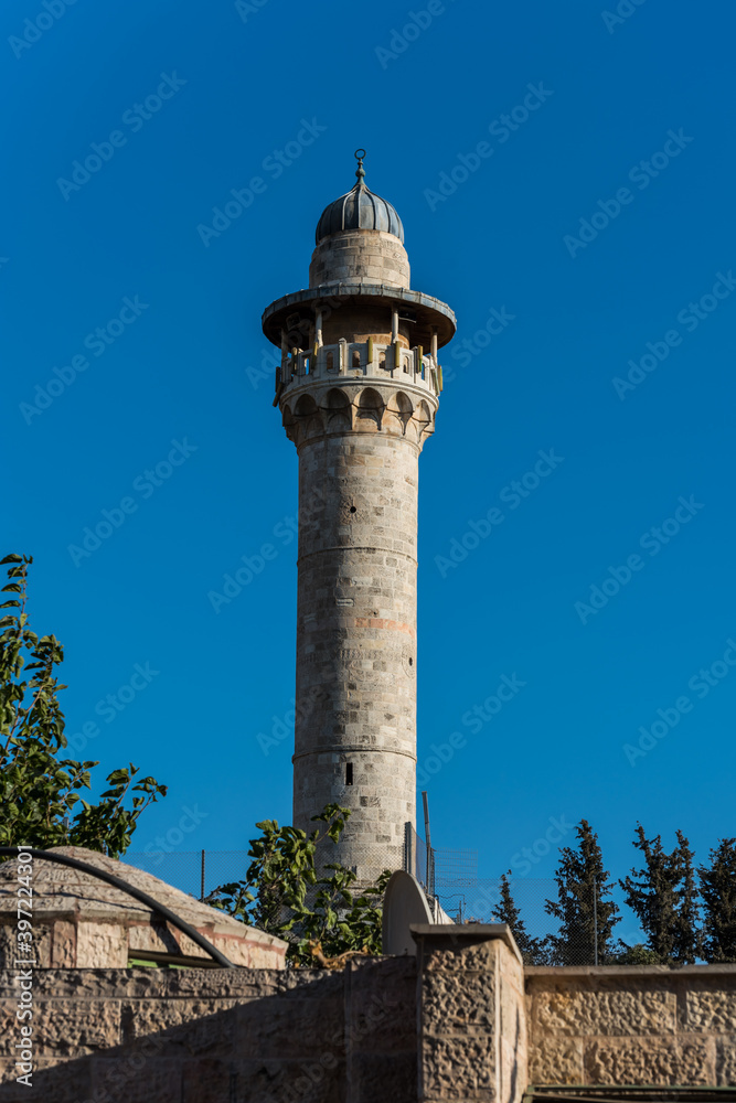 Bab Al-Asbat Minaret  in the El-Ghazali Square, built of stone, excavated into the naturally occurring layer of bedrock in the north wall of the Haram on the temple mount, old city of Jerusalem.