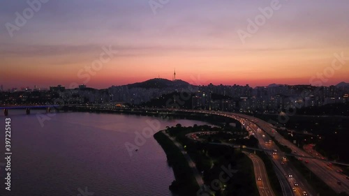 Twilight of seoul at han river in south korea.Aerial view