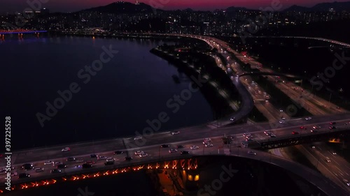 Twilight of seoul at han river in south korea.Aerial view photo