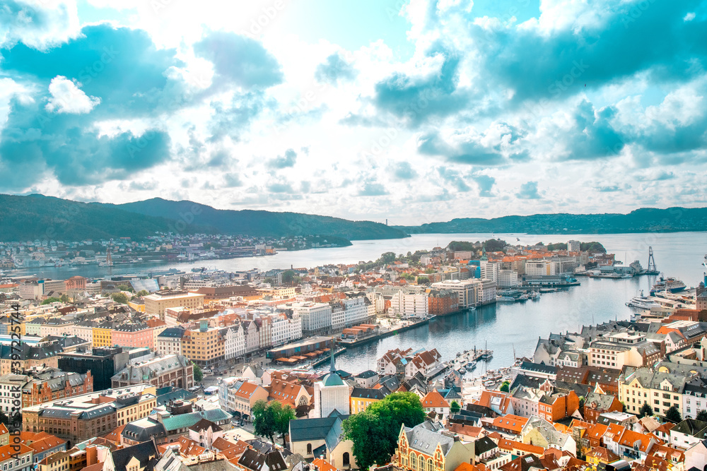 Fototapeta premium Top view of the harbor and buildings in Bergen. One of the largest cities in Norway