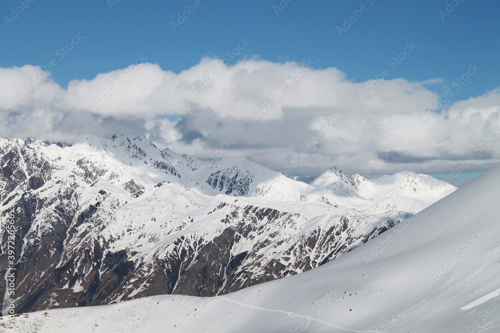 snow covered mountains on the way to the top of Kazbegi