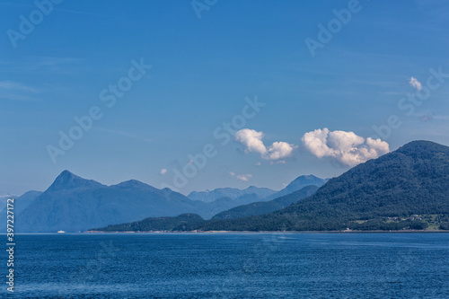 Summer landscape with mountains and blue sea, Norway