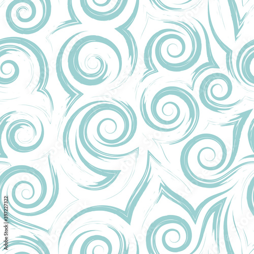 Seamless vector pattern of spirals of smooth lines and corners of turquoise color isolated on a white background.Texture of waves and curlicues. © ejelo
