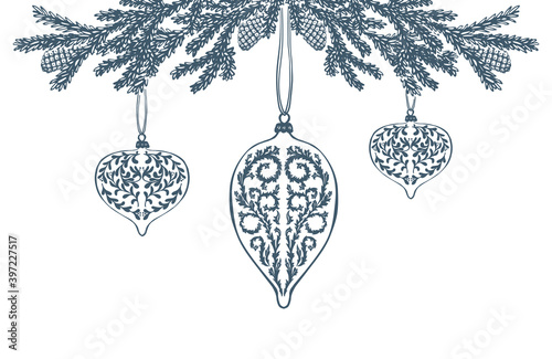 Hand drawn top element with Christmas tree branches and bulb hangings. Isolated traditional elegant x-mas garland on white background.