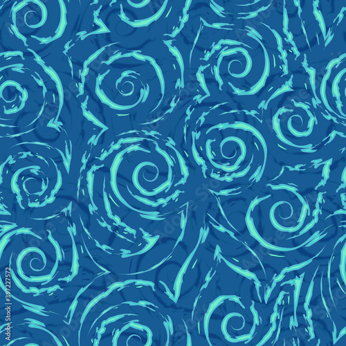 Seamless vector pattern of spirals of torn lines and corners of turquoise color on a blue background.Texture of swirls and curls.