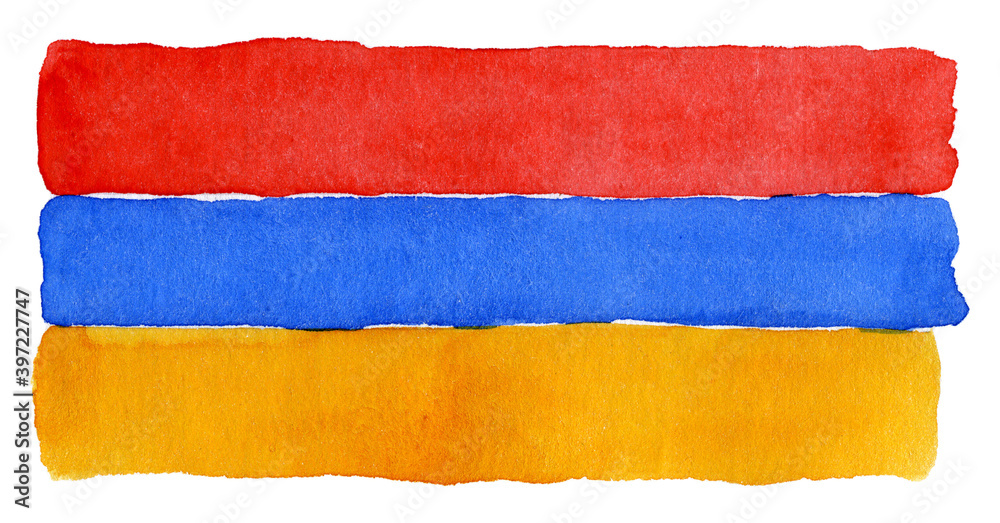 Hand drawn watercolor illustration of national flag of Armenia, isolated on white background. State symbol of Armenia. Hand drawn watercolor illustration of national flag of Armenia, isolated on white background. State symbol of Armenia.