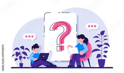 Question mark on document. Business woman and man asking questions around a huge question mark on paper. Modern flat illustration.
