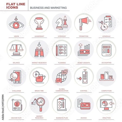 Business and Marketing. Set of vector colored flat icons. Set of icons for the site. The set consists of icons such as plan, strategy, analysis and other icons.