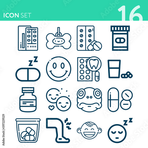 Simple set of 16 icons related to headache
