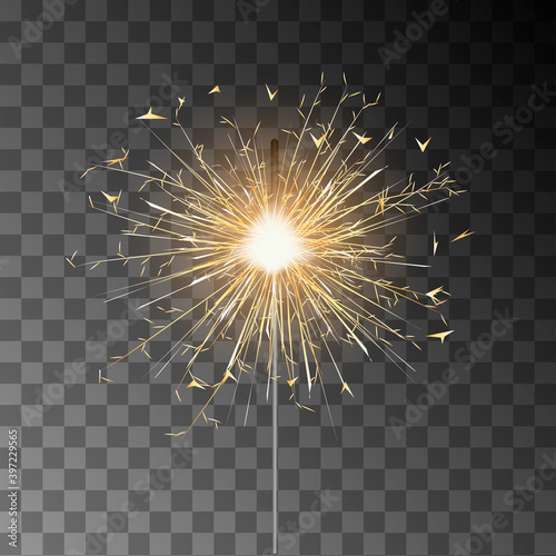 Illustration with yellow realistic sparkler on transparent background for celebration design. Happy new year background. Dark background. Light effect, golden light. White background.