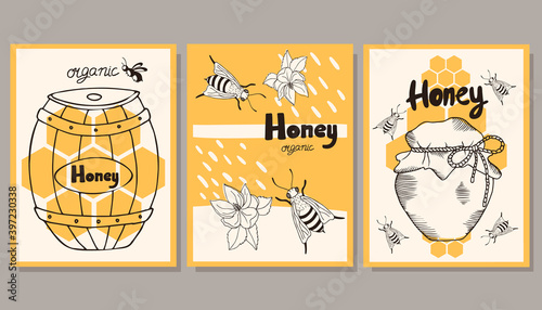 A set of cards on the theme of honey. Vector illustration in engraving style.