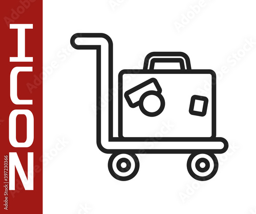 Black line Hotel luggage cart with suitcase icon isolated on white background. Traveling baggage sign. Travel luggage icon. Vector.