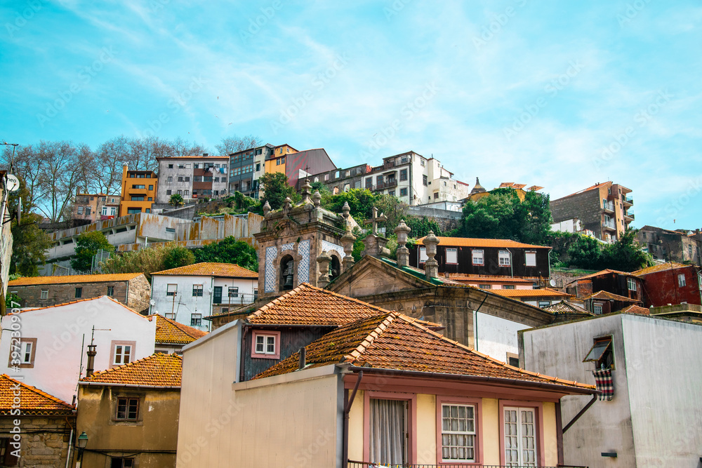 Colorful old buildings and narrow streets in Porto, Portugal