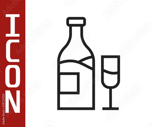 Black line Wine bottle with glass icon isolated on white background. Vector.