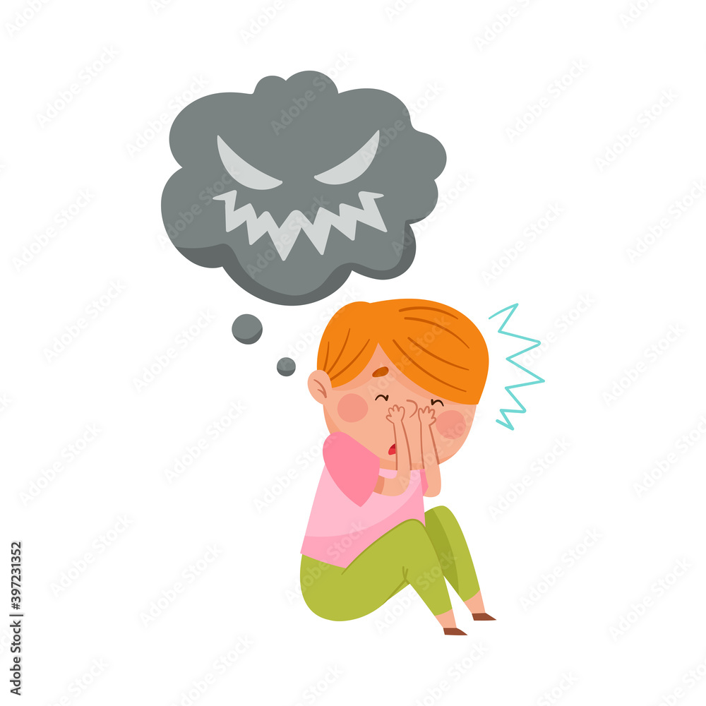 Frightened Boy Sitting and Imagining Spooky Monster Vector Illustration Frightened Boy Sitting and Imagining Spooky Monster Vector Illustration