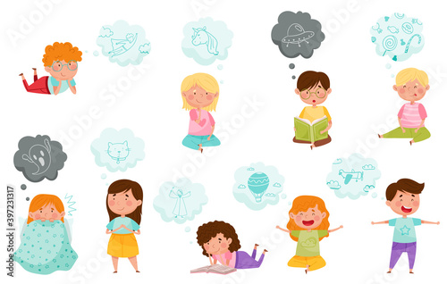Curious Children Reading Book and Dreaming Vector Set