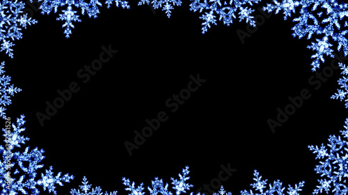 Blue frosty Christmas snowflakes bokeh lights ice effect frame against a black background
