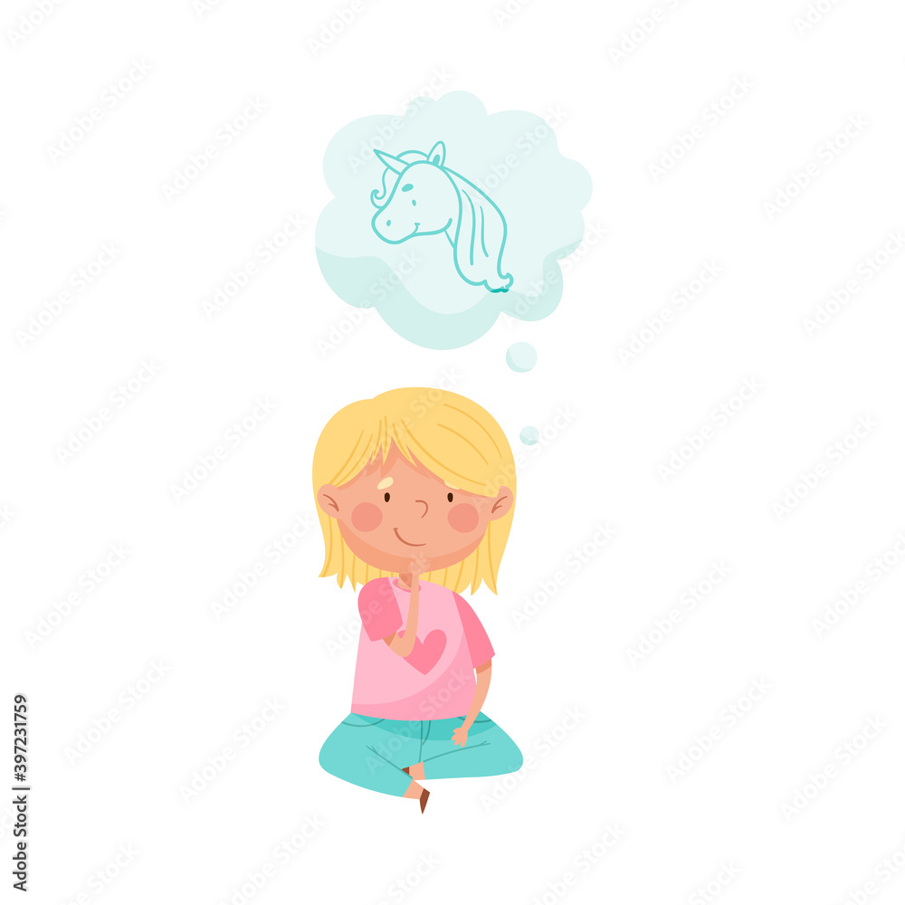 Pretty Red Cheeked Girl Sitting on the Floor and Dreaming about Unicorn Vector Illustration Pretty Red Cheeked Girl Sitting on the Floor and Dreaming about Unicorn Vector Illustration