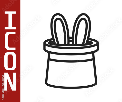 Black line Magician hat and rabbit ears icon isolated on white background. Magic trick. Mystery entertainment concept. Vector.
