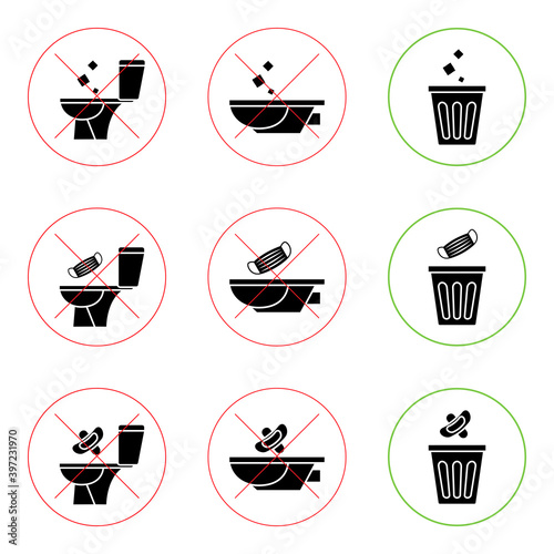 Do not litter in the toilet. Toilet no trash. Keeping the clean. Please do not flush paper towels, sanitary products, medical masks. Prohibition icons. No littering, warning symbol